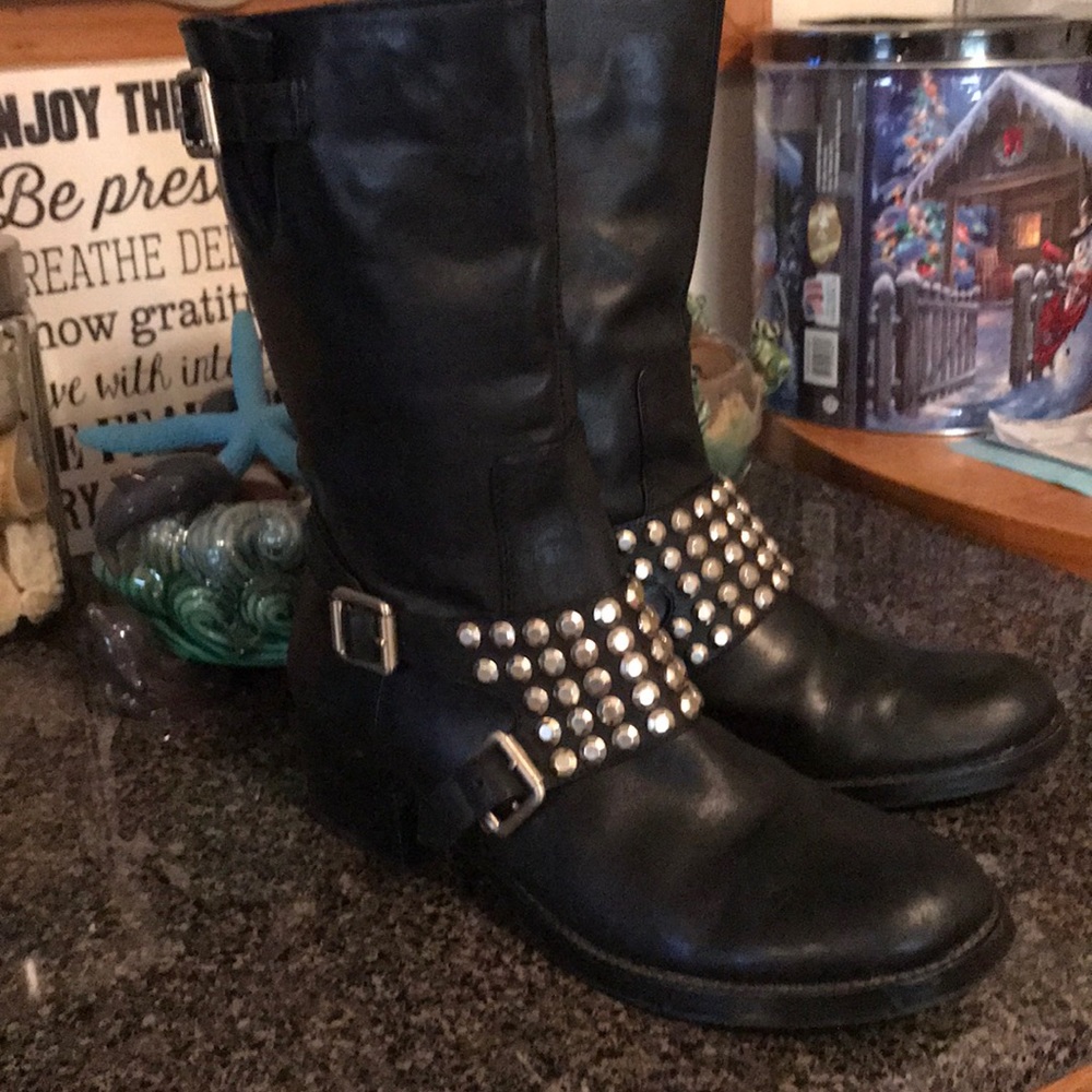 Vintage BCBG Black Silver band moto boot
